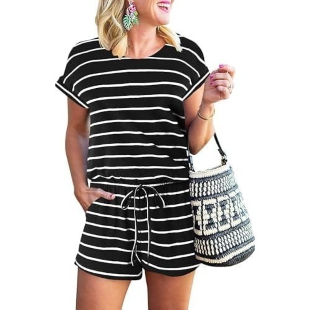NWT ANRABESS WOMENS L cap sleeve striped romper pockets elastic waistline